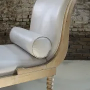 Vintage chaise longue / daybed in bleached wood and white leather