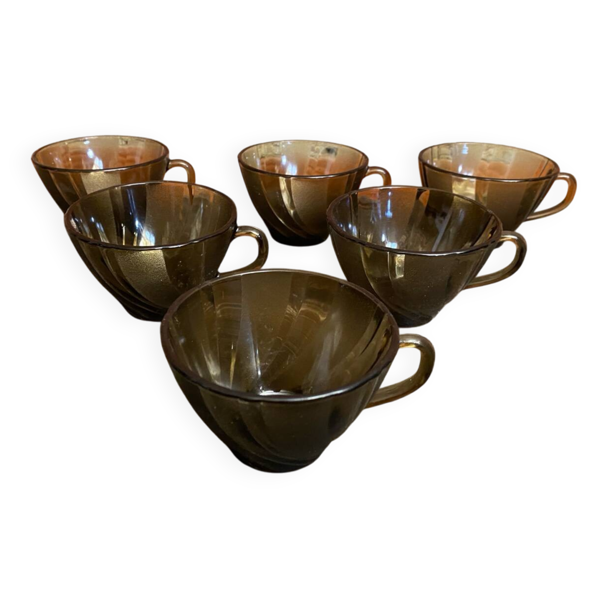 Set of 6 vintage Duralex molded smoked glass cups, art deco style