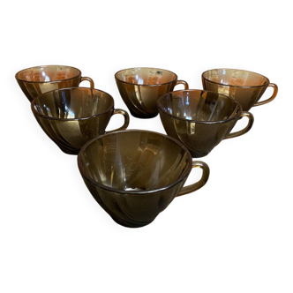 Set of 6 vintage Duralex molded smoked glass cups, art deco style