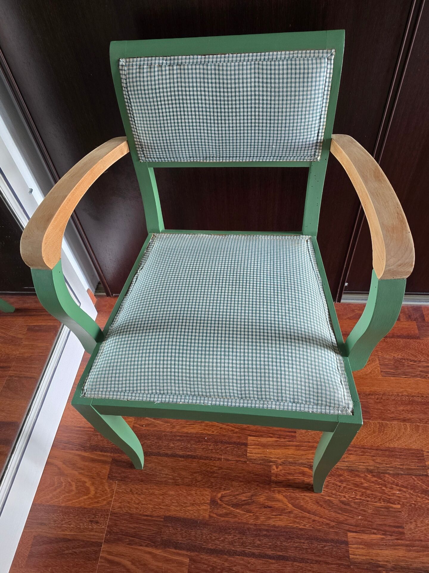 Vintage green bridge armchair with Vichy fabric