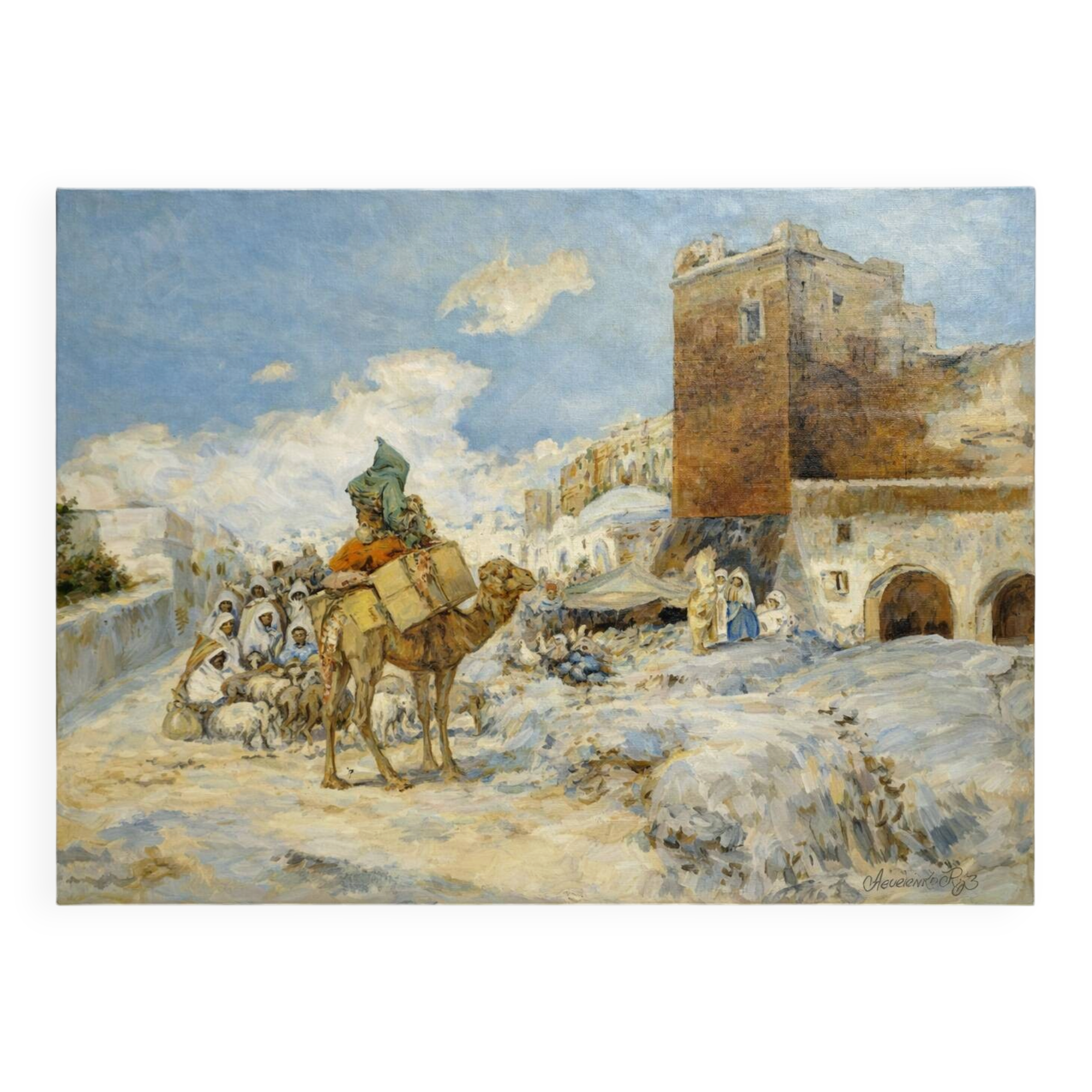 A. Guevenne – Animated Orientalist Scene with Camel – Oil on Canvas -