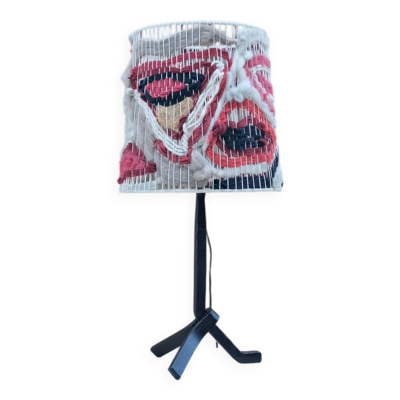 Lampe moderniste en fer forgé et abat jour en laine, France 1950
