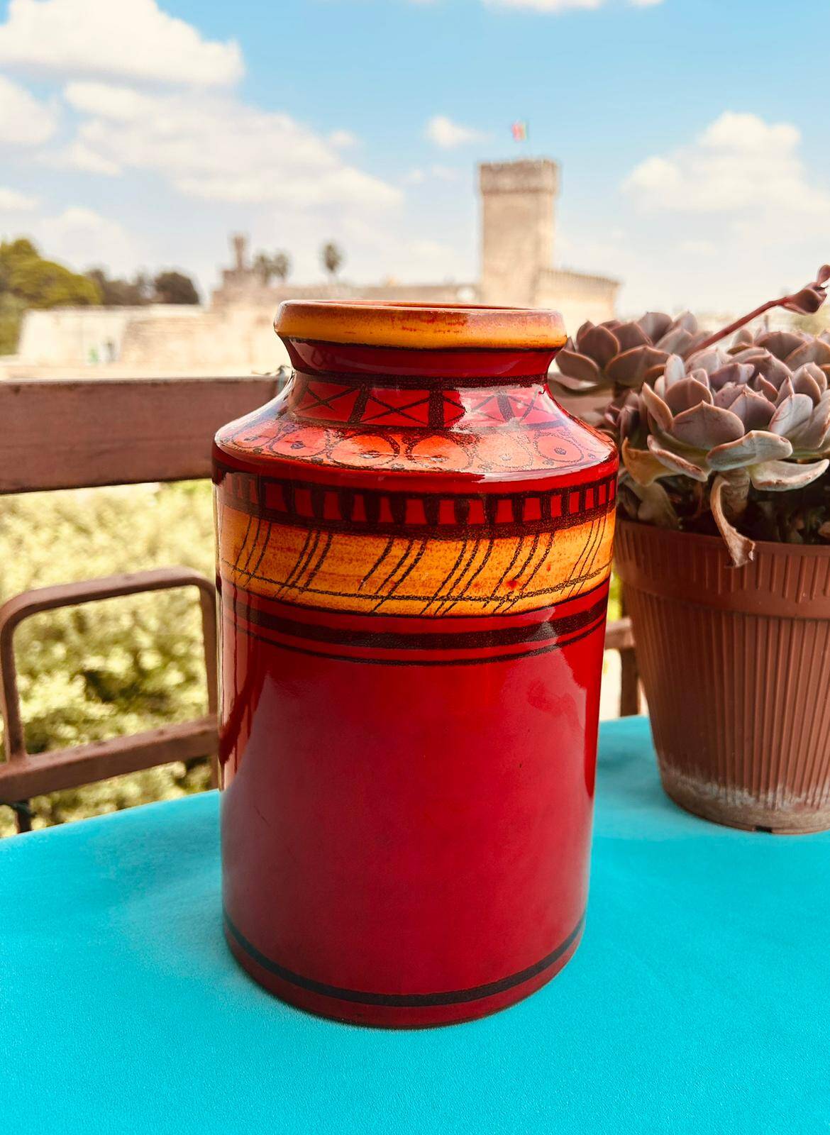 Red vase with engraved decoration, Aldo Londi for Bitossi, Italy, 1960s–1970s.