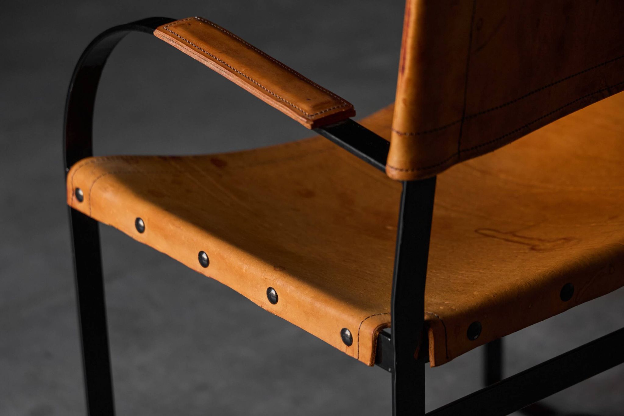 Cognac Leather Armchair, Black Lacquer Steel Frame, Belgium, 1960s