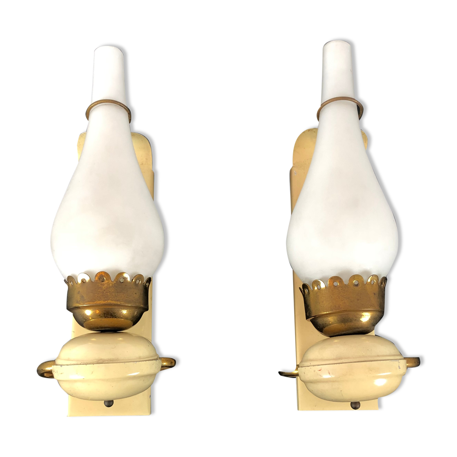 Vintage Italian brass, lacquer and opaline glass sconces from 50s. Set of two