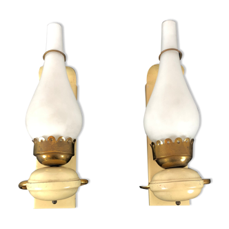 Vintage Italian brass, lacquer and opaline glass sconces from 50s. Set of two