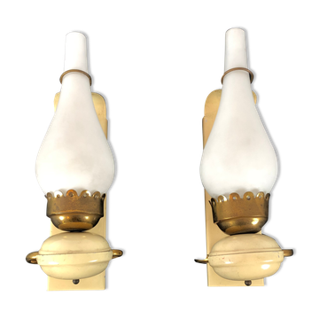 Vintage Italian brass, lacquer and opaline glass sconces from 50s. Set of two