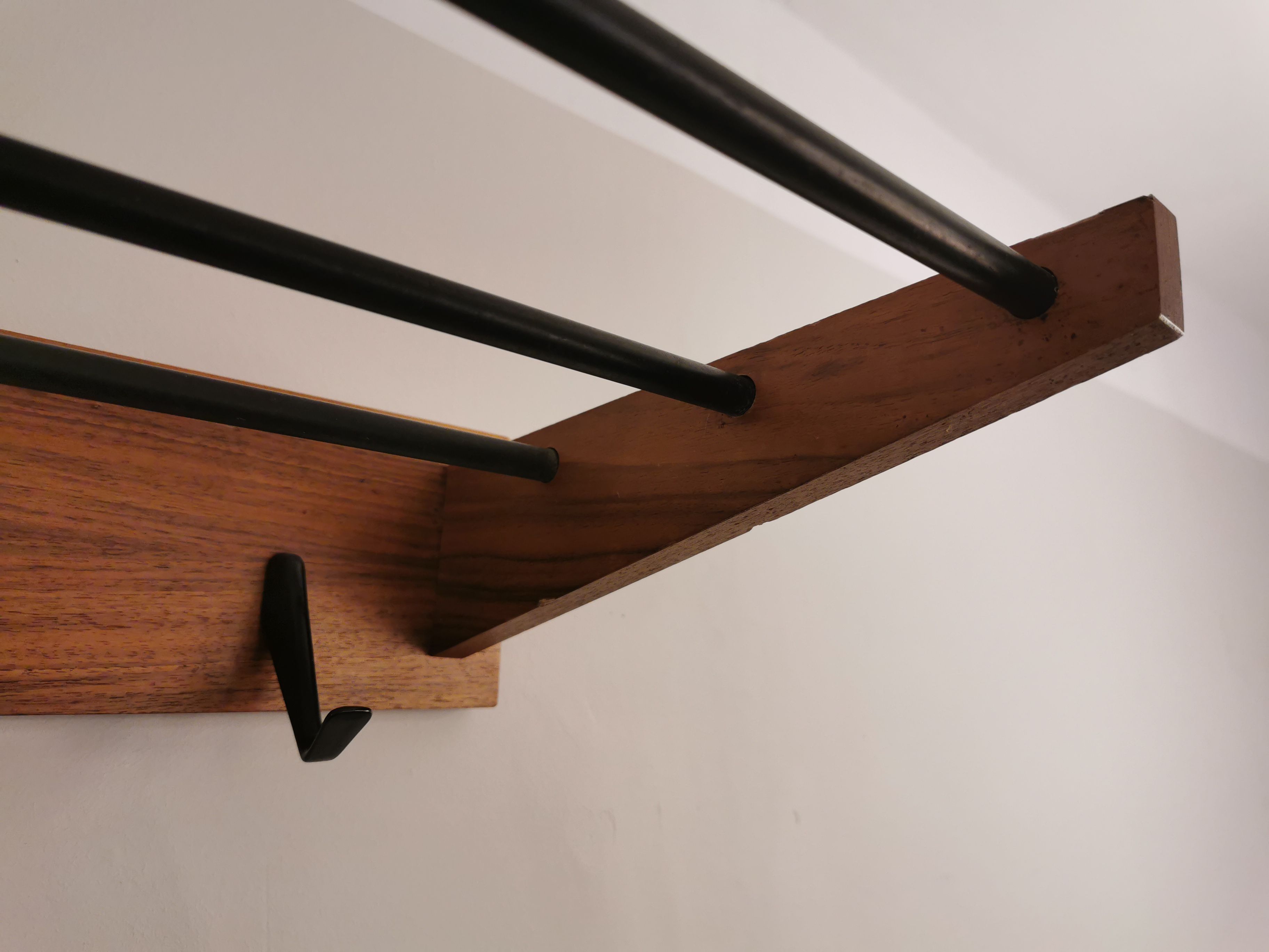 Minimalist wall coat rack wood and iron 60s