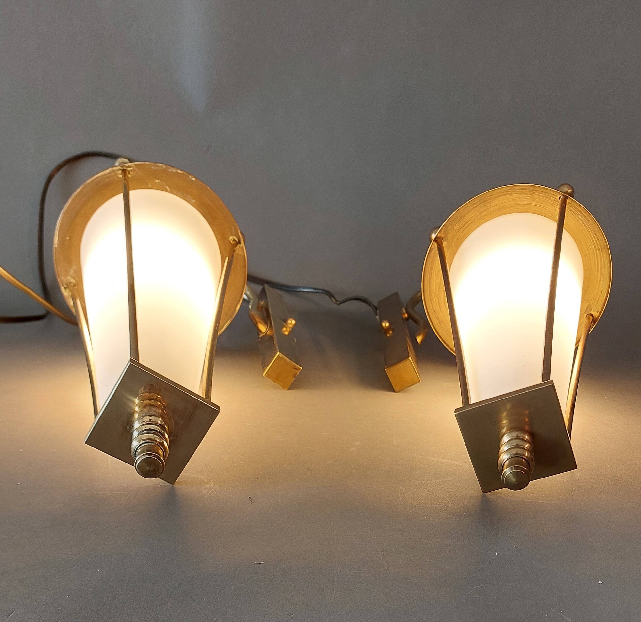 Pair of lantern sconces in gilded brass and opaline 1960.