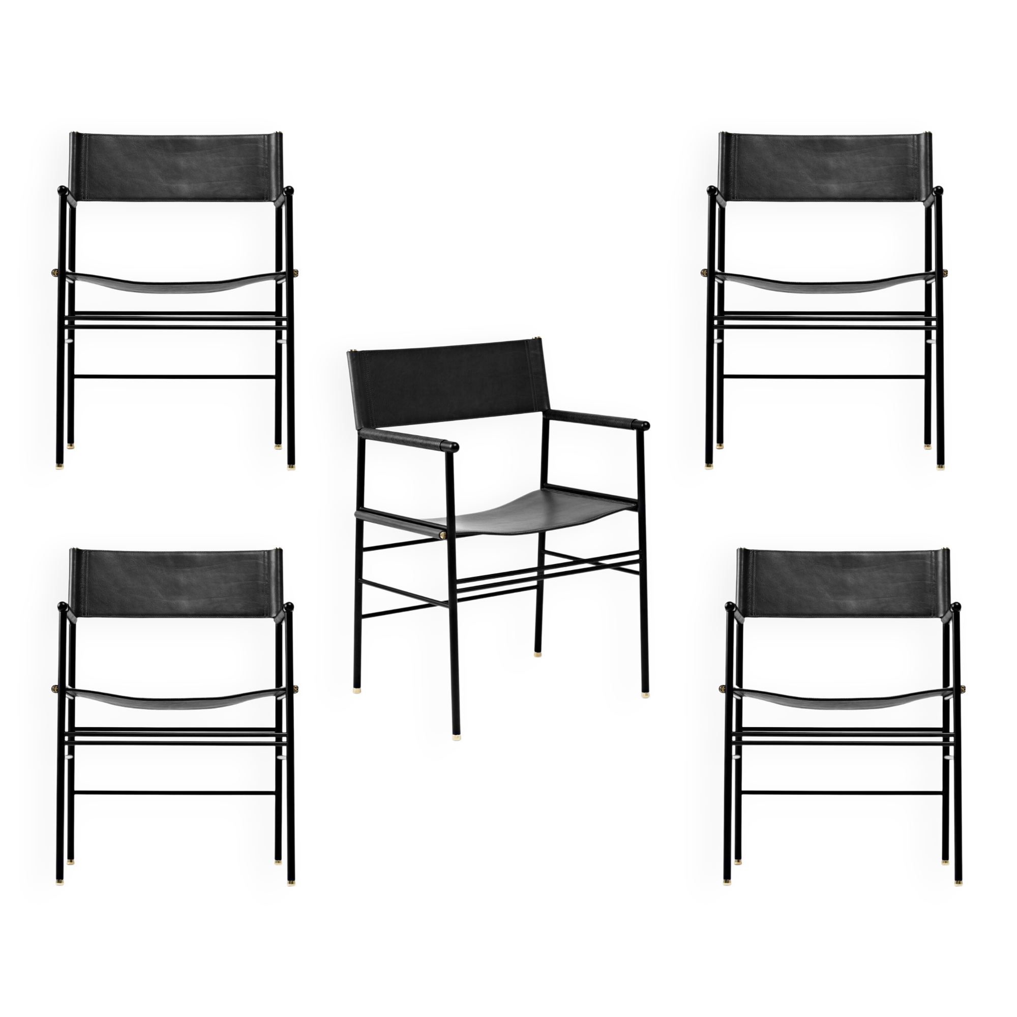 Set of 5 classic bar stools with black leather and rubber backing.