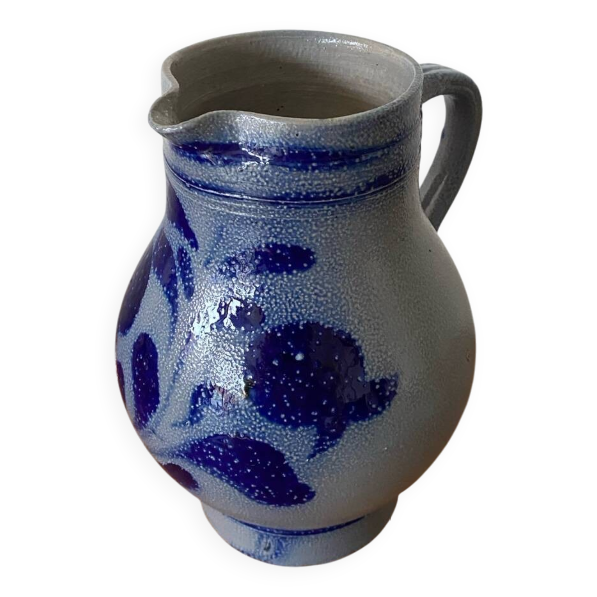 Antique Blue Stoneware Pitcher Deco Flowers 2 Liters Vintage