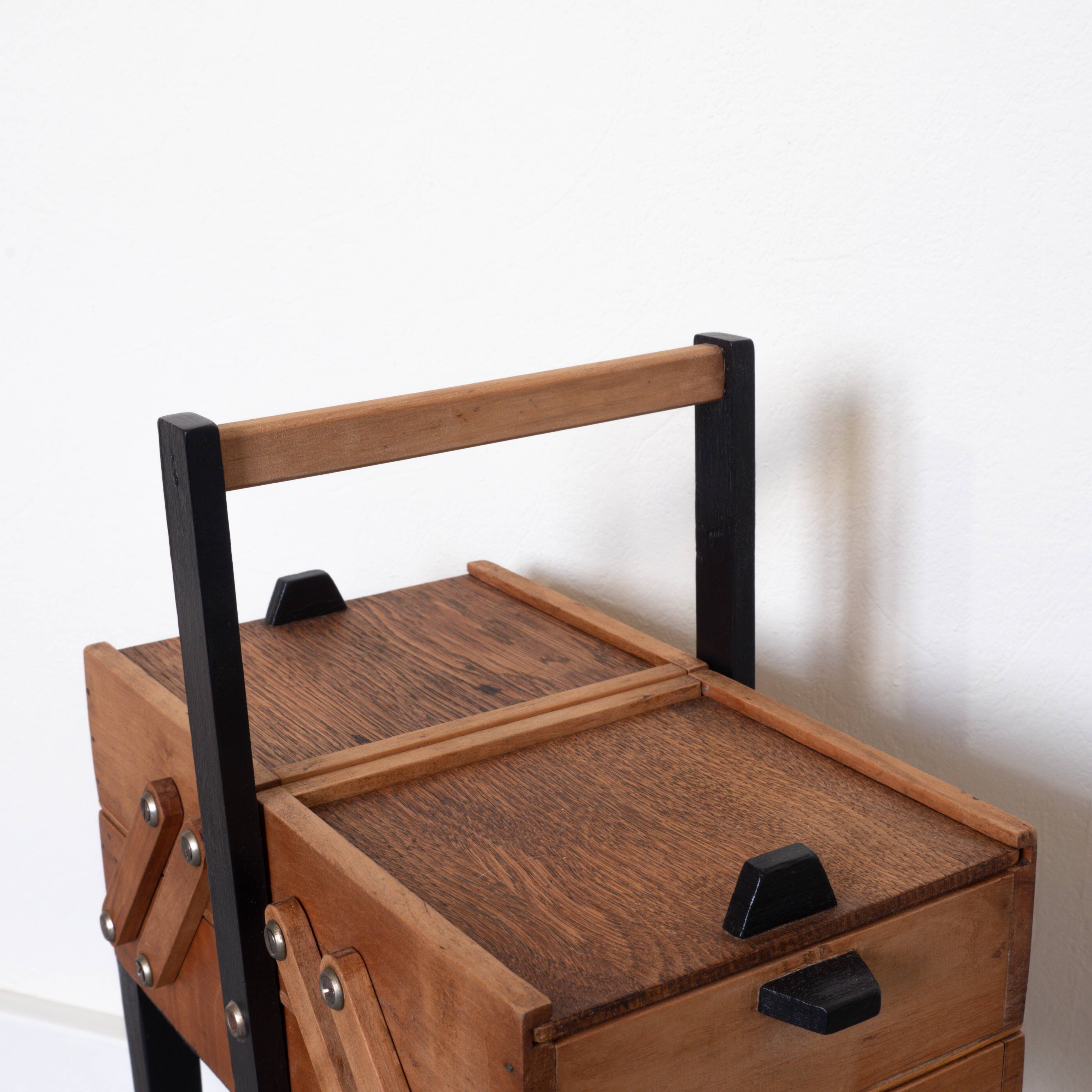 Old wood worker, black feet, blue interior