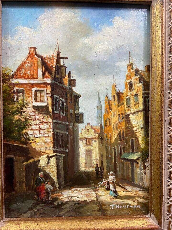 Oil painting on panel German school busy street Germany J. Hausman