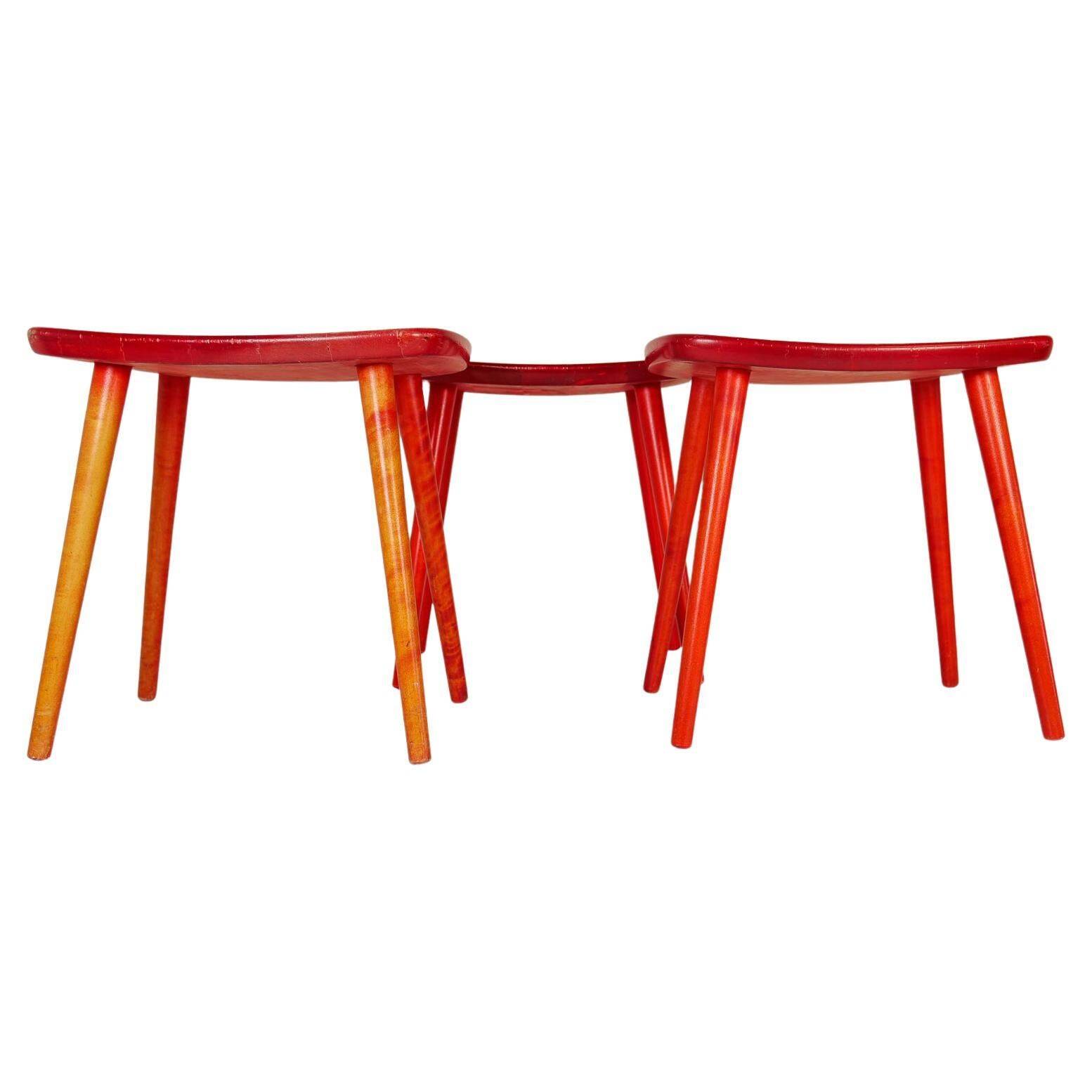 Swedish stools in red lacquered birch, Yngve Ekström "Palle", 1970s