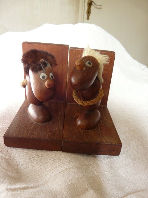 2 bookends in Scandinavian vintage teak Hans Bolling optimistic pessimistic