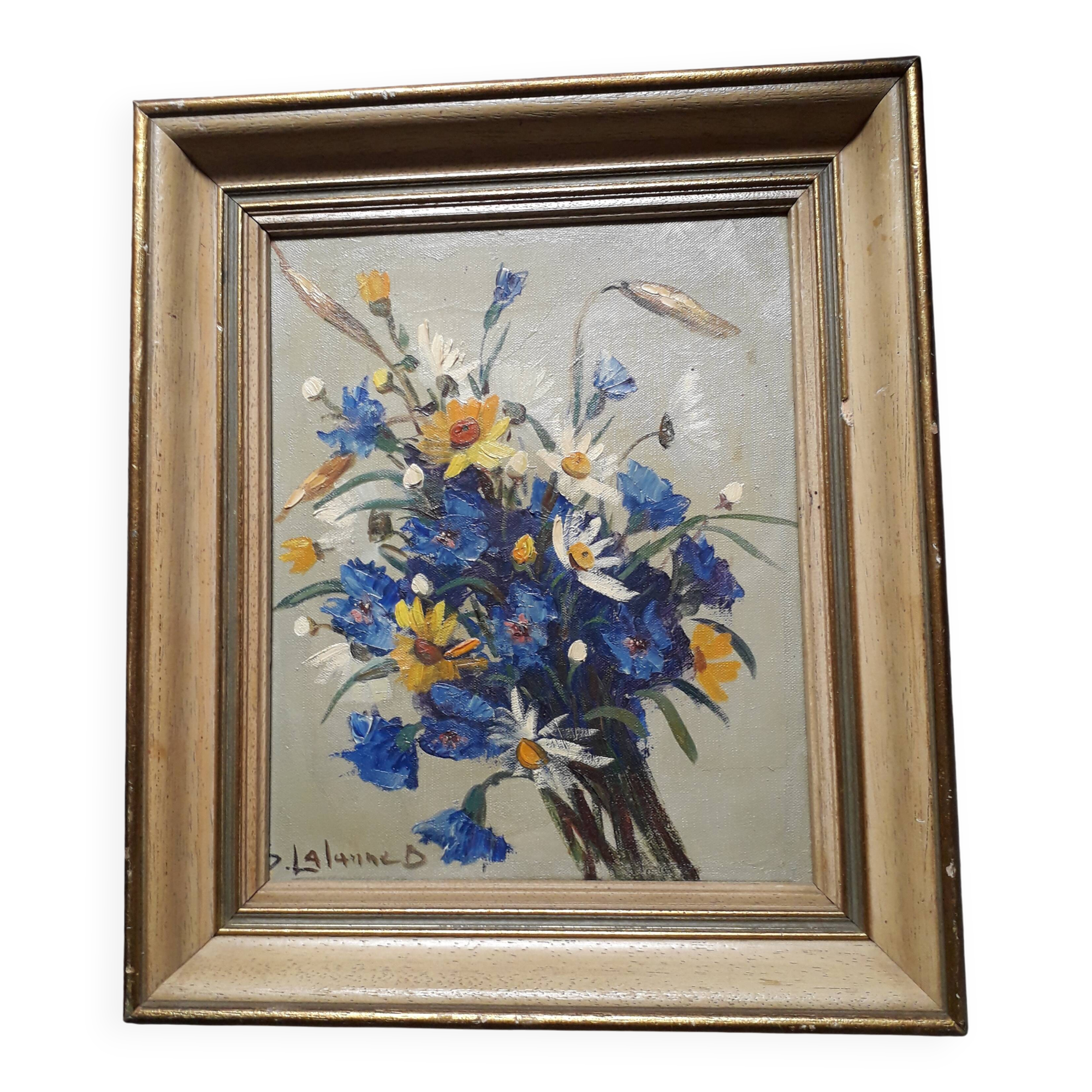 Old oil painting depicting a bouquet of flowers.