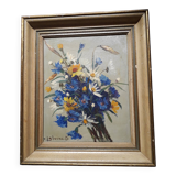 Old oil painting depicting a bouquet of flowers.