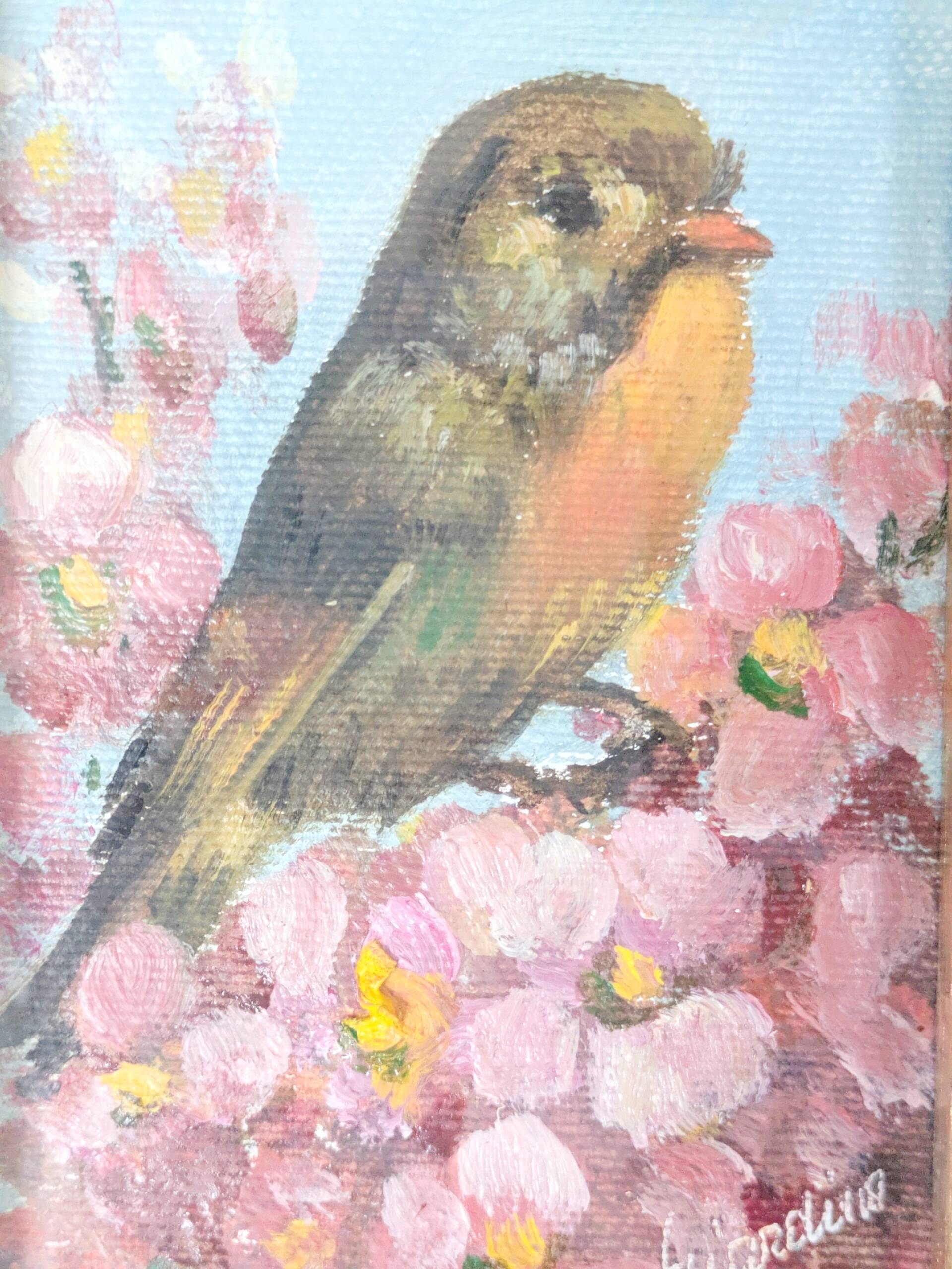 Vintage oil painting signed, robin, distressed frame.