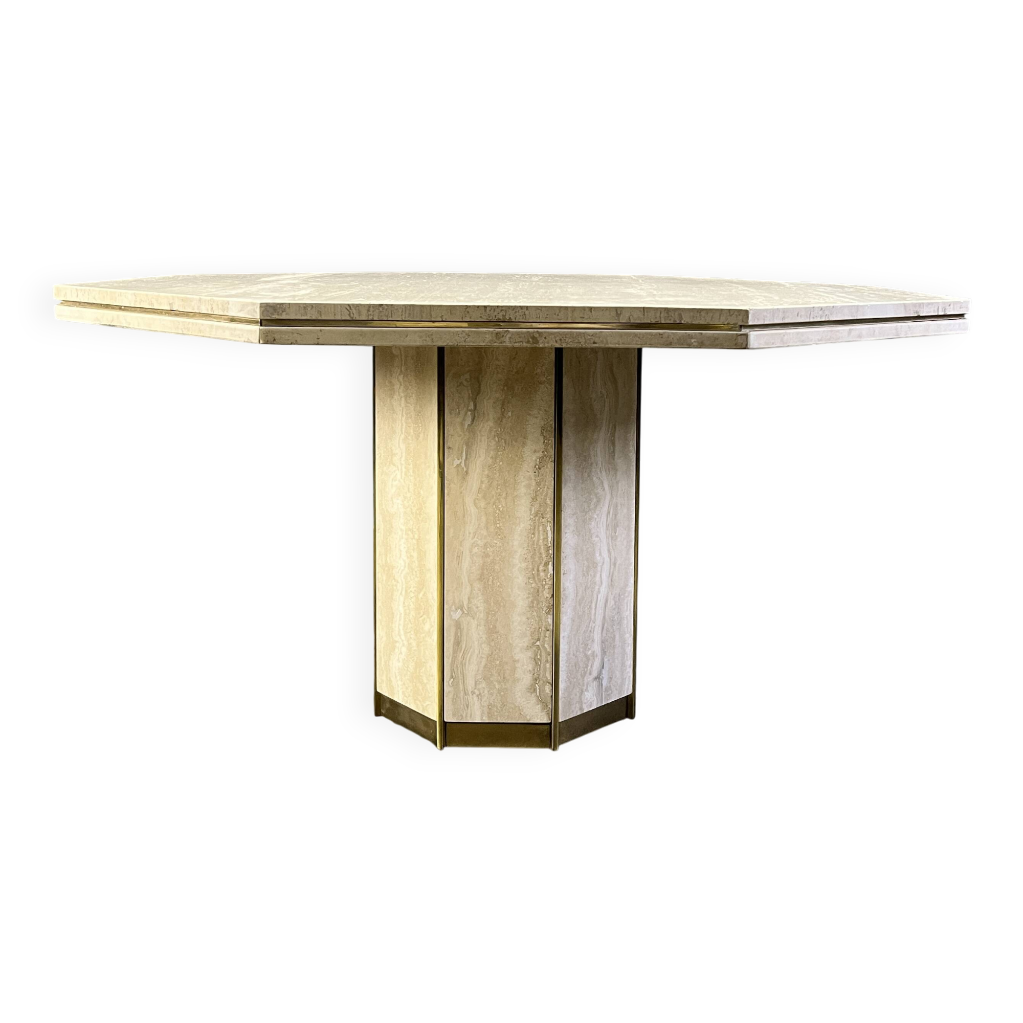 Table à manger octogonale italienne en travertin et laiton des années 1970