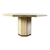 Table à manger octogonale italienne en travertin et laiton des années 1970