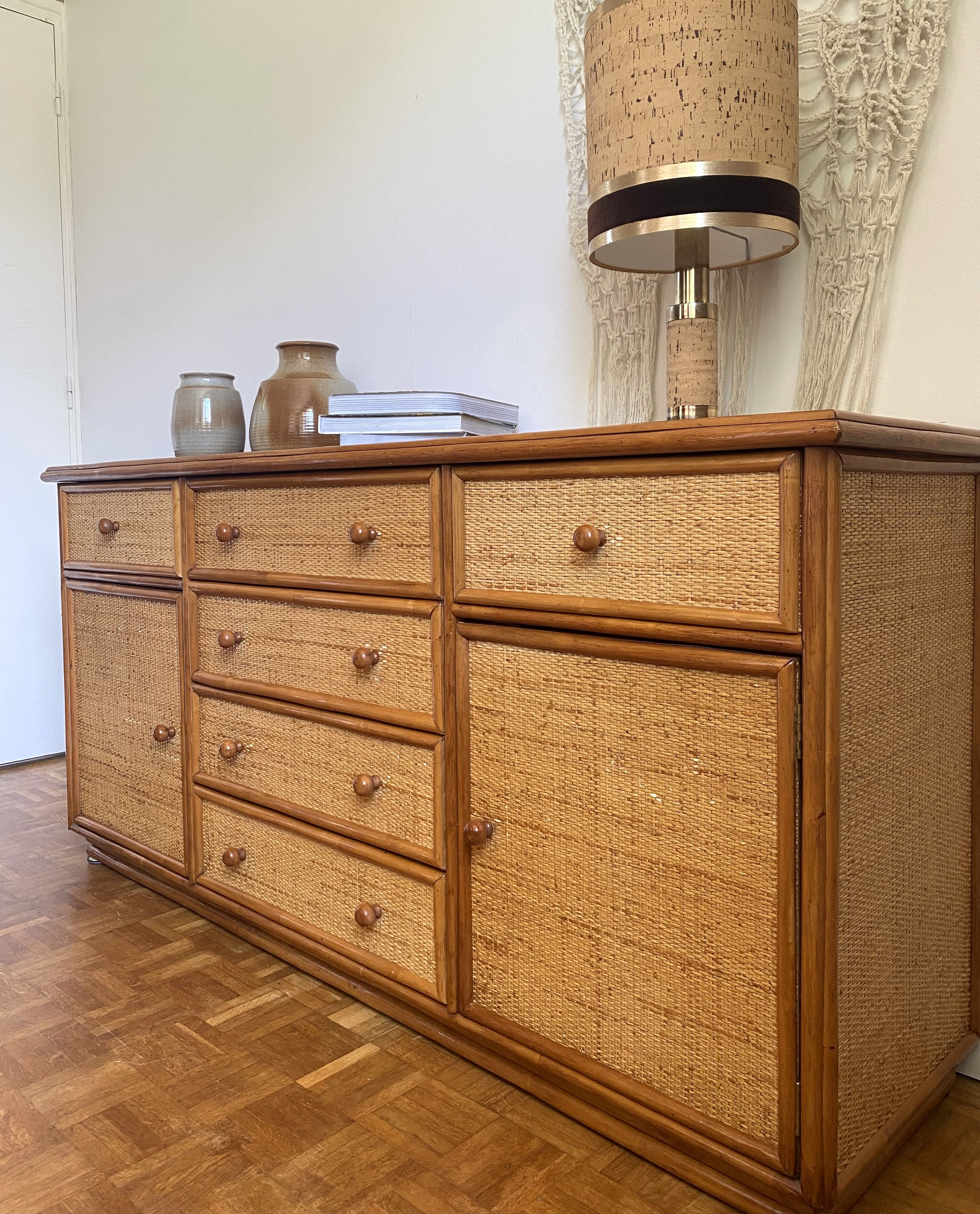 Wood and woven wicker sideboard