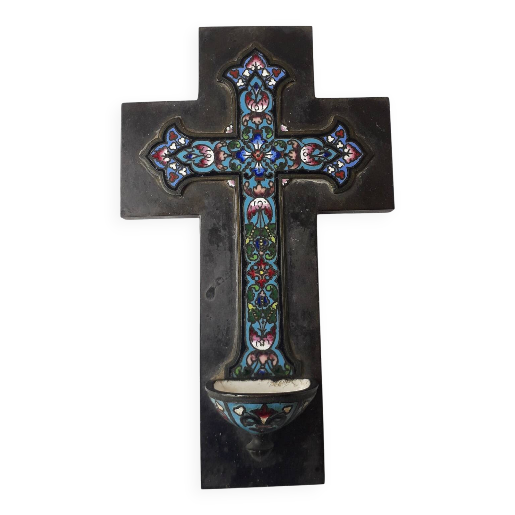 Cloisonné enamel cross holy water font