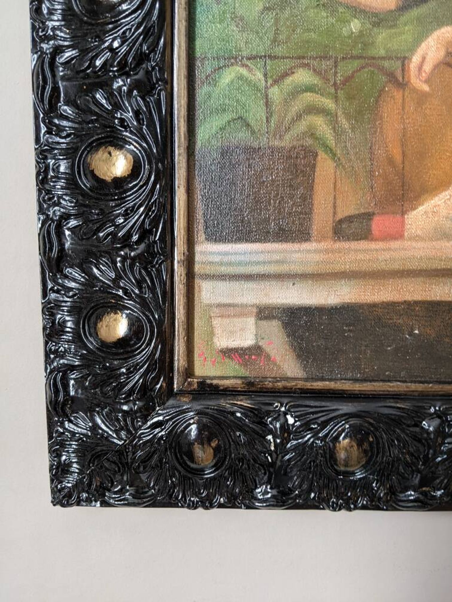 Oil painting on canvas, scene of life, black wooden frame, country decoration