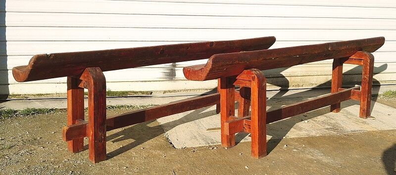 Pair of farm benches, solid wood, brutalist