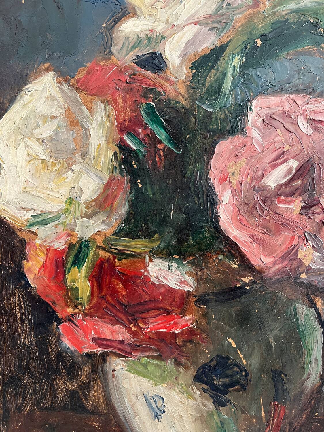 Old oil painting on cardboard bouquet of flowers and fruits