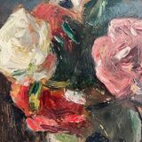 Old oil painting on cardboard bouquet of flowers and fruits