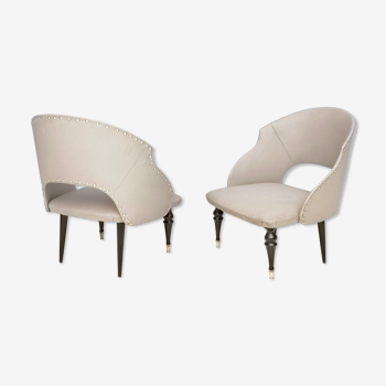 Pair of midcentury ebonized wood and gray skai lounge chairs, italy