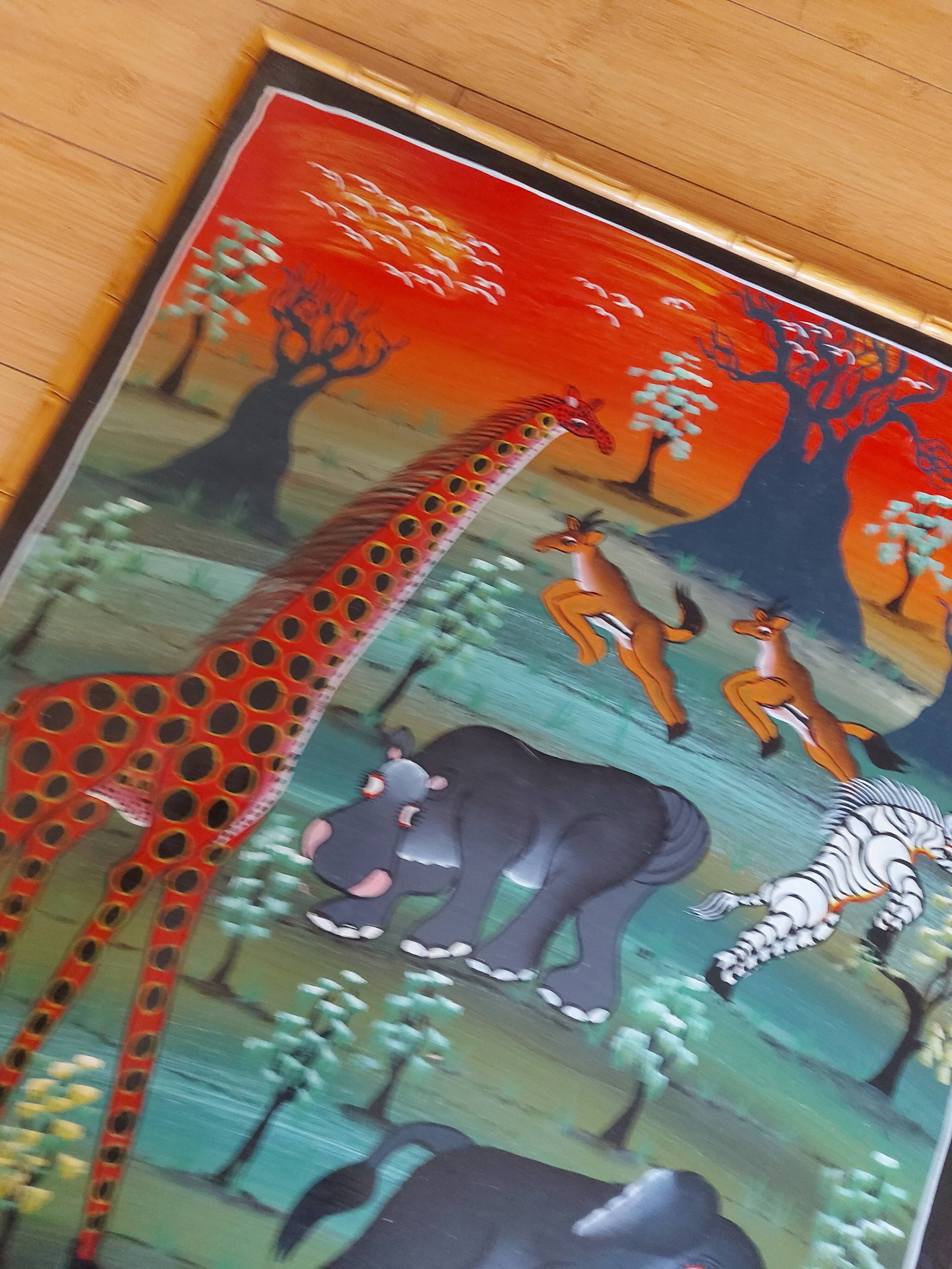 Grande huile sur toile art africain TingaTinga , Zanzibar , Tanzanie , Cheti