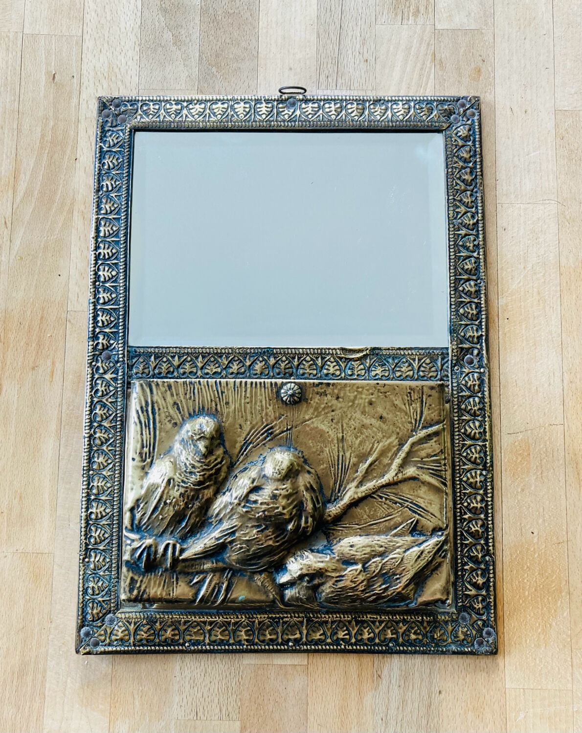 Art Nouveau mail rack in brass repelled beveled mirror early twentieth century