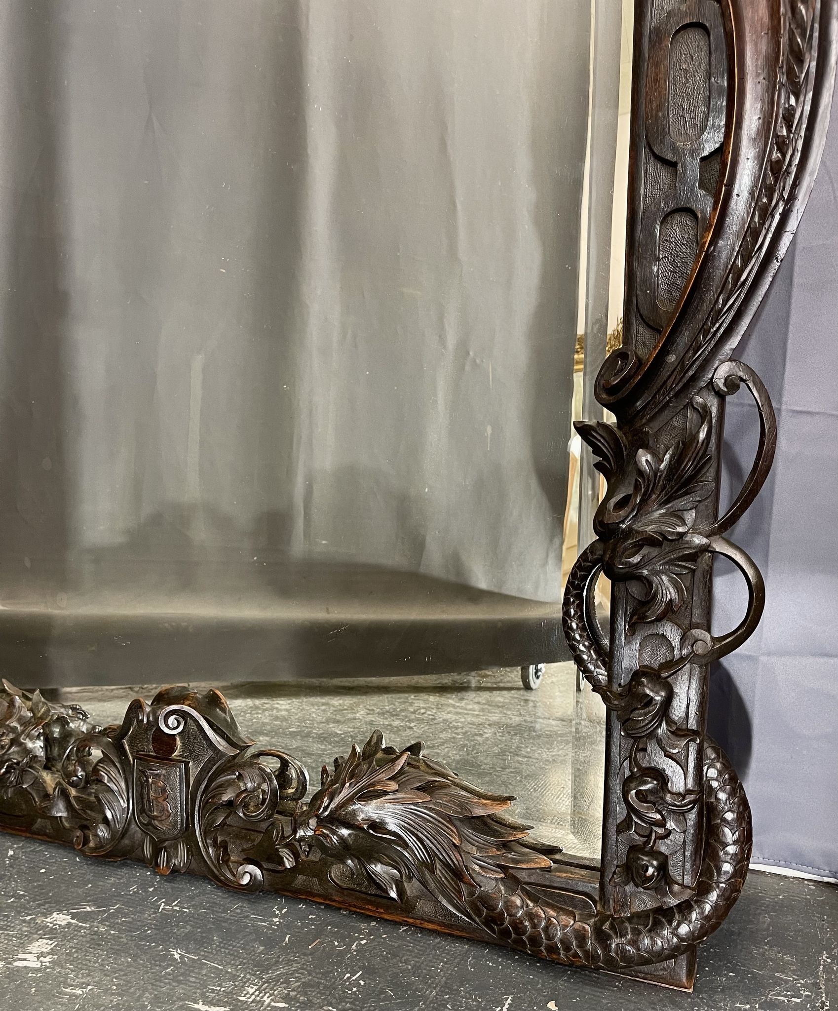 Mirror 191x122 cm period XIXth in natural wood, decoration of chimeras, satyrs