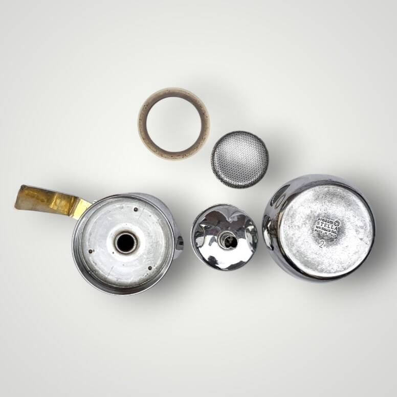 Antique Italian Stella coffee maker – size 2 – stainless steel and gold metal