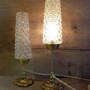 Duo of retro 50's bronze table lamps, diamond-tipped glass tube lampshades