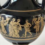 Ball-shaped vase, in glazed ceramic. Life scenes from Greek Mythology hand painted, in 24 c. gold. High 22 cm