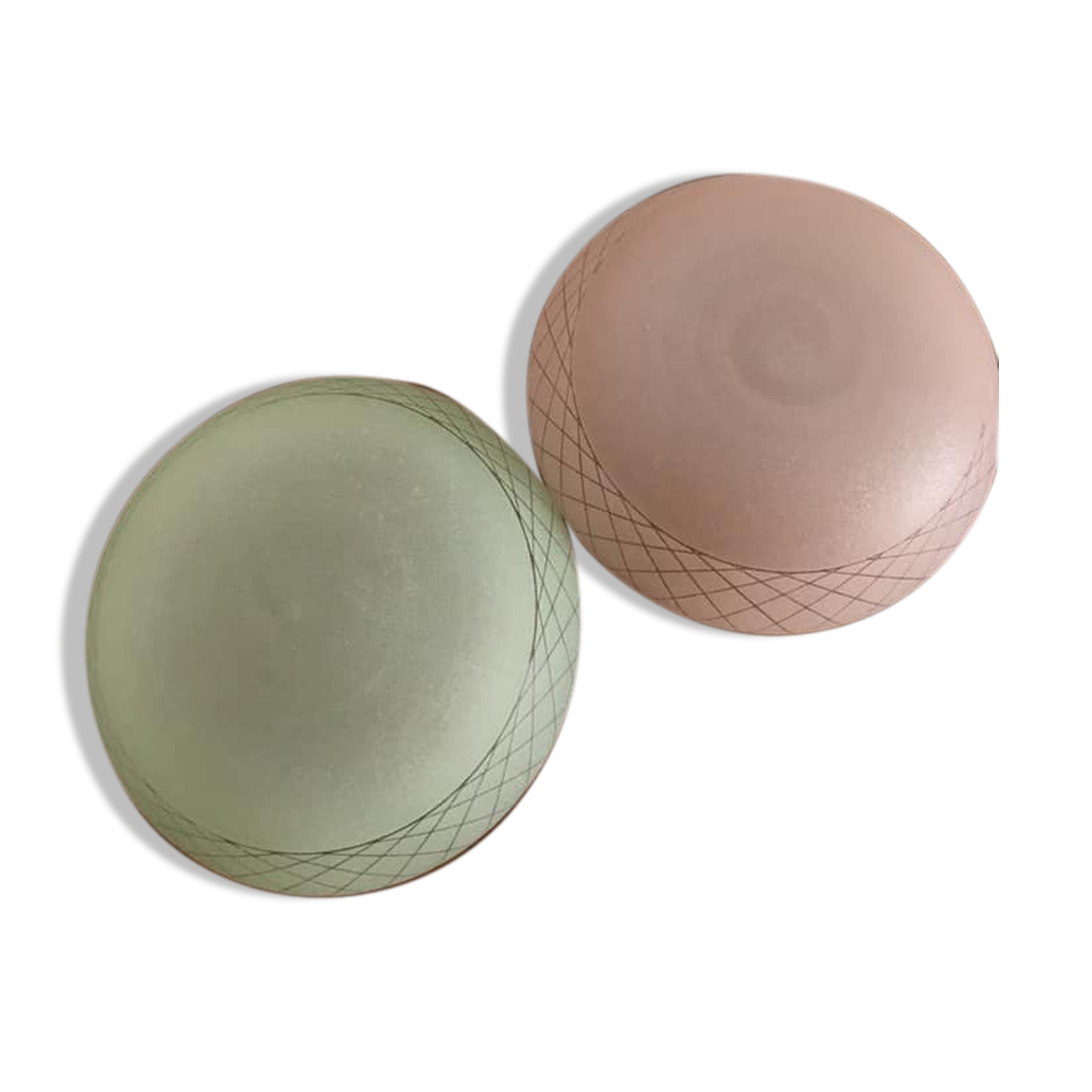 Duo of pink and green granite glass ceiling lights with grid patterns