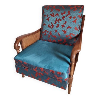 Fauteuil bridge en bois et cannage années 50