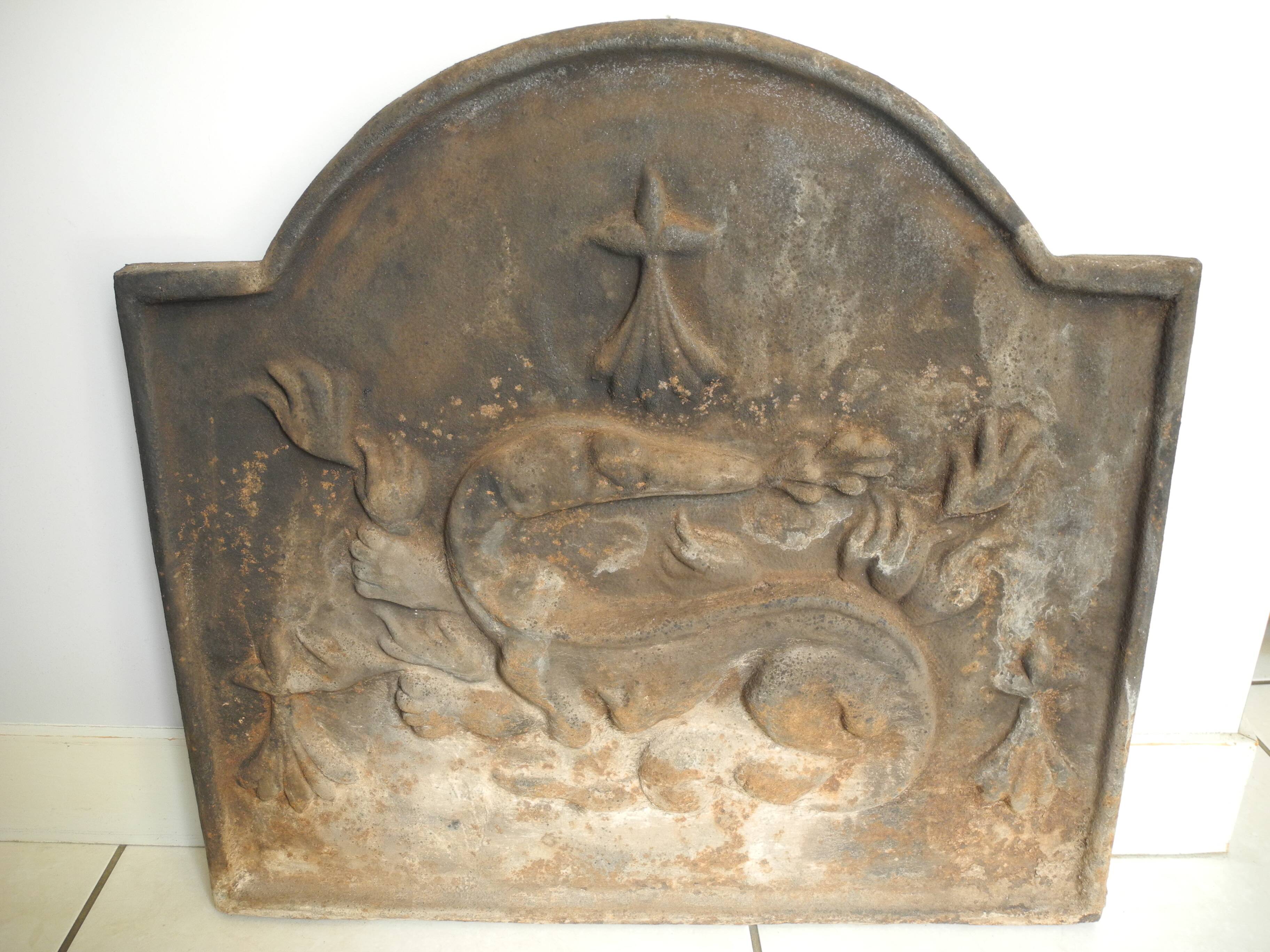 old cast iron fireback salamander fireplace plate