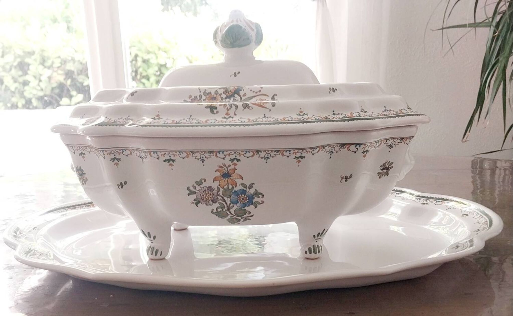 Soup tureen and dish signed Bondil from Moustiers, Provençal art pottery.