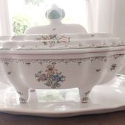 Soup tureen and dish signed Bondil from Moustiers, Provençal art pottery.