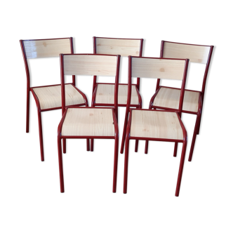Set of 5 wooden school chairs and red tower 70s