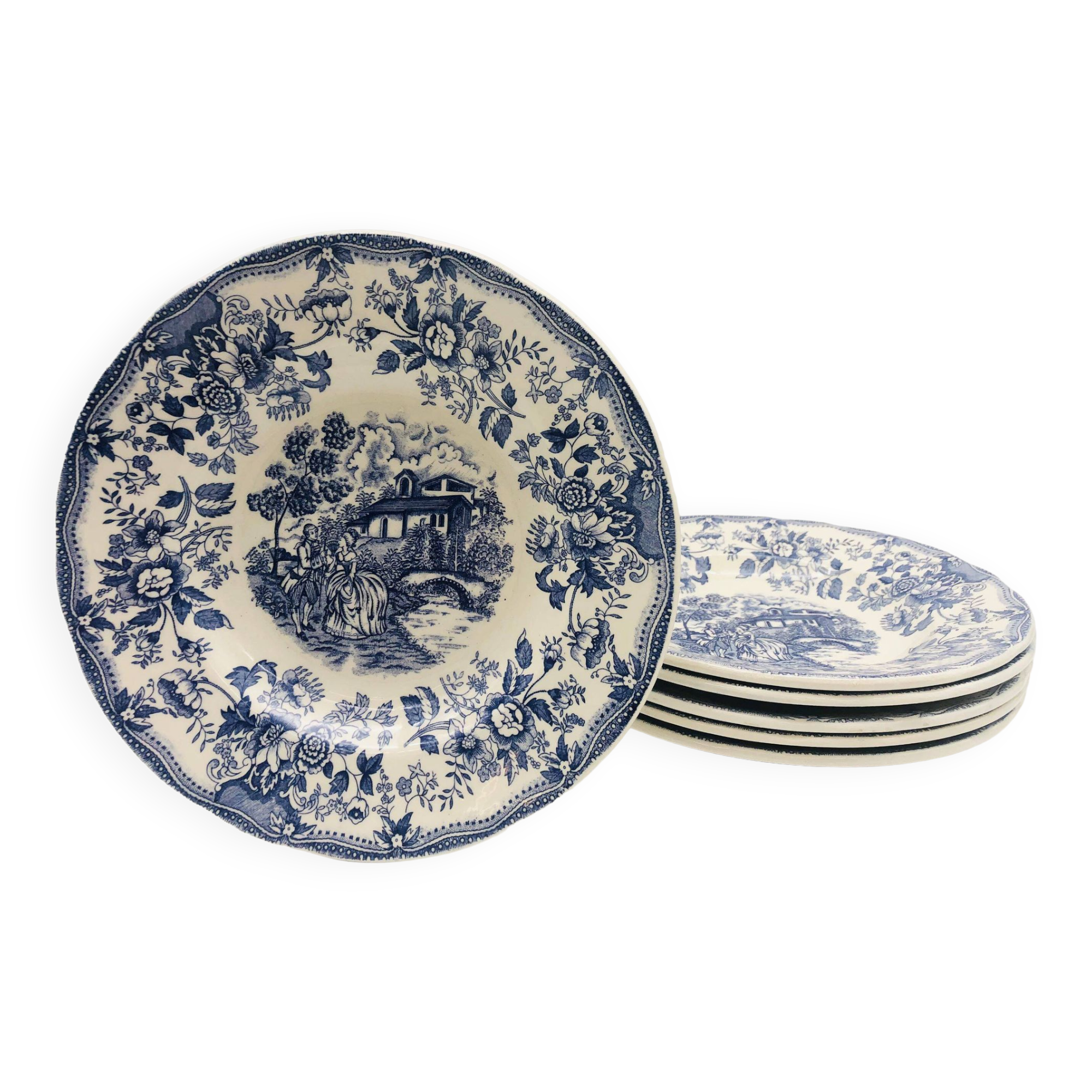 6 vintage blue soup plates “Toile de Jouy patterns”