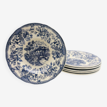 6 Assiettes creuses vintages bleues « Motifs toile de Jouy »