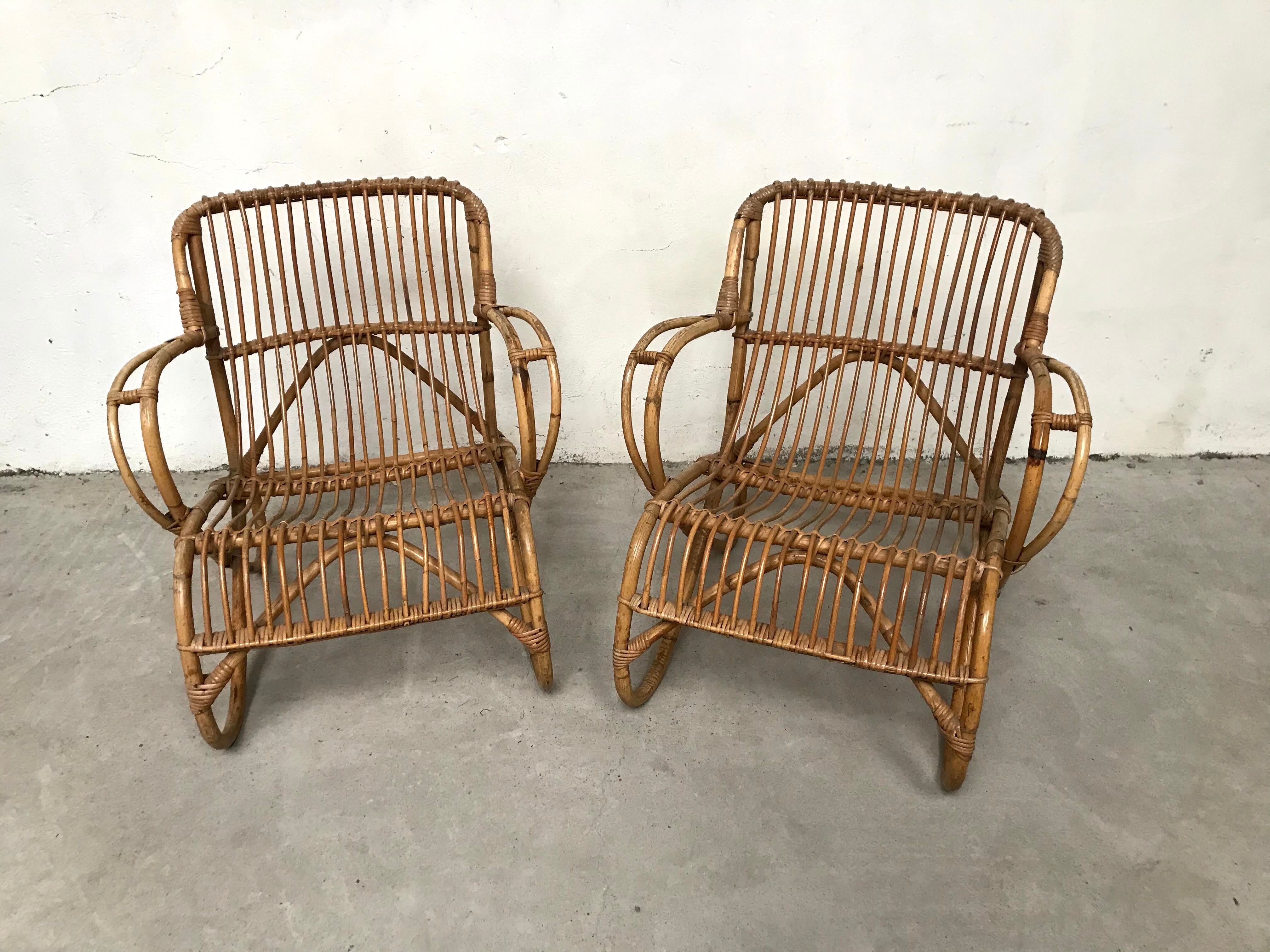 Pair of vintage rattan and bamboo chairs, 60s