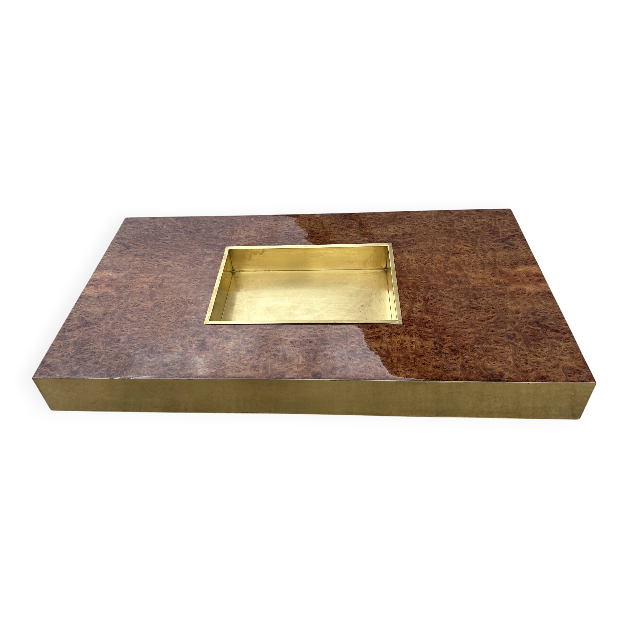 Willy Rizzo coffee table in walnut burl and brass 1970