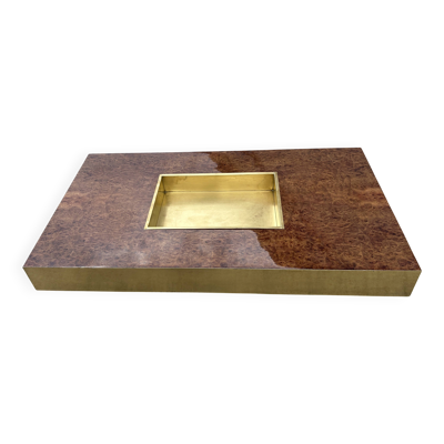 Table basse Willy Rizzo en loupe de noyer et laiton 1970