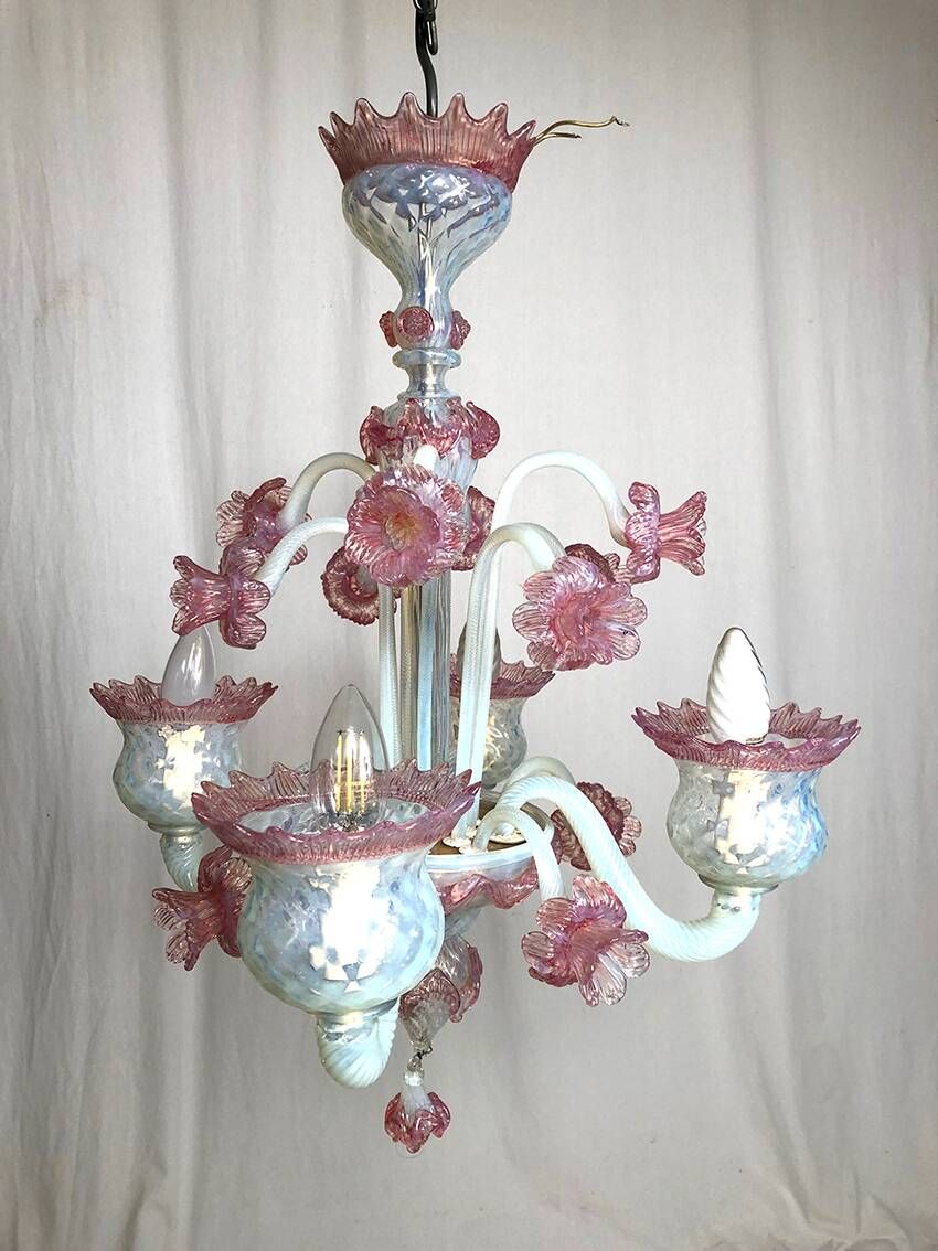 Milky white and pink Murano glass chandelier with four arms of light