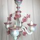 Milky white and pink Murano glass chandelier with four arms of light